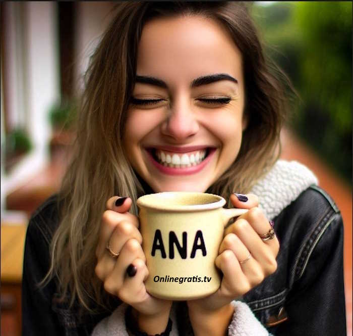 Una mujer sonriente que sostiene una taza con el nombre de Ana