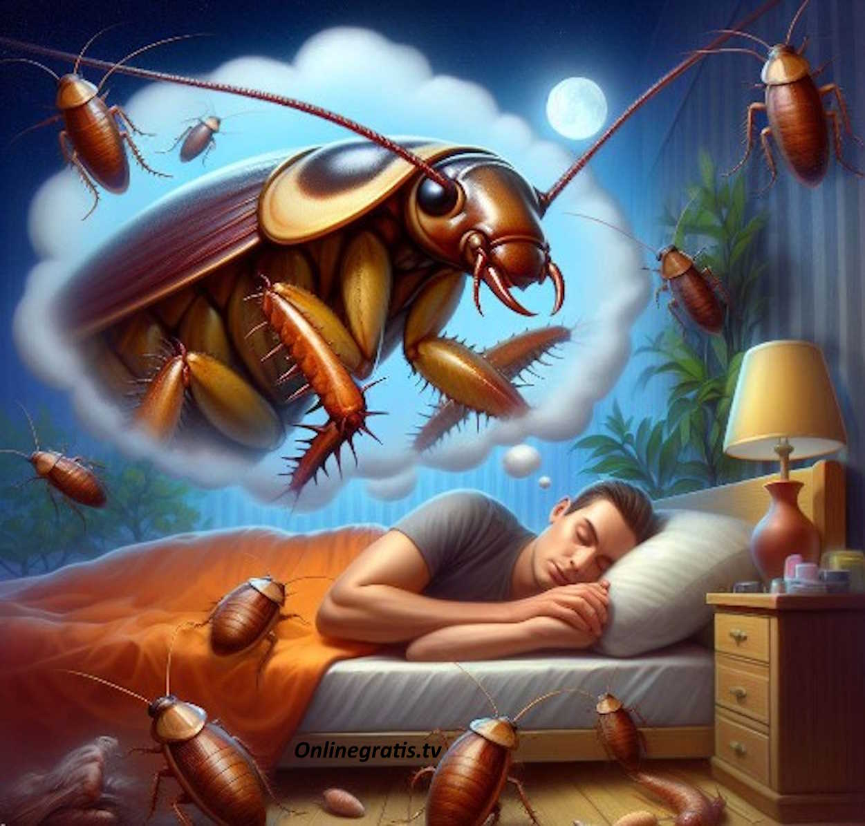 Una imagen que muestra una cucaracha gigante sobre una cama, con el texto ‘¿Qué significa soñar con cucarachas?