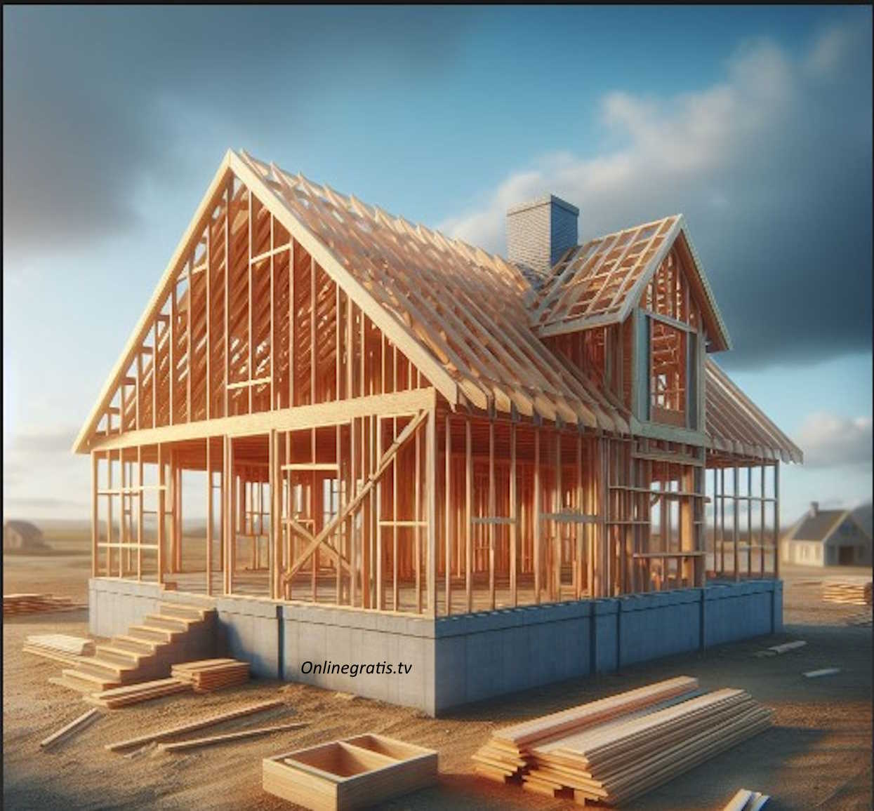 Un sueño con una casa en construcción. Se ve una casa de dos pisos con un techo rojo y varias ventanas. La casa está rodeada de andamios, ladrillos, cemento y herramientas. Hay un cielo azul con algunas nubes y un sol brillante.