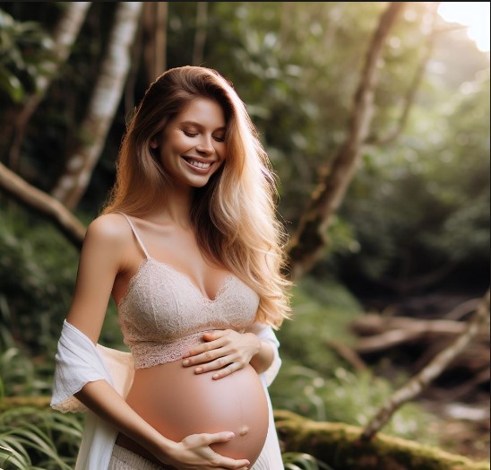 Una mujer embarazada que se toca la barriga y sonríe en medio de la naturaleza