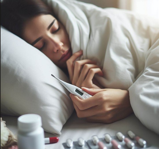 Una mujer enferma sentada en la cama, sosteniendo un pañuelo, mirando el termómetro