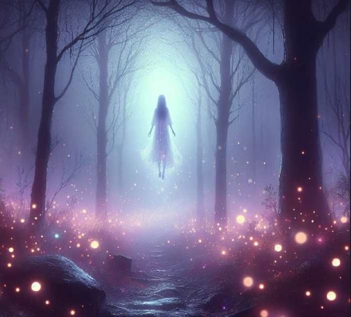 Un fantasma mujer con un vestido blanco y una trenza roja aparece en un bosque oscuro. El fantasma sonríe y le hace un gesto a la persona que está a su lado.