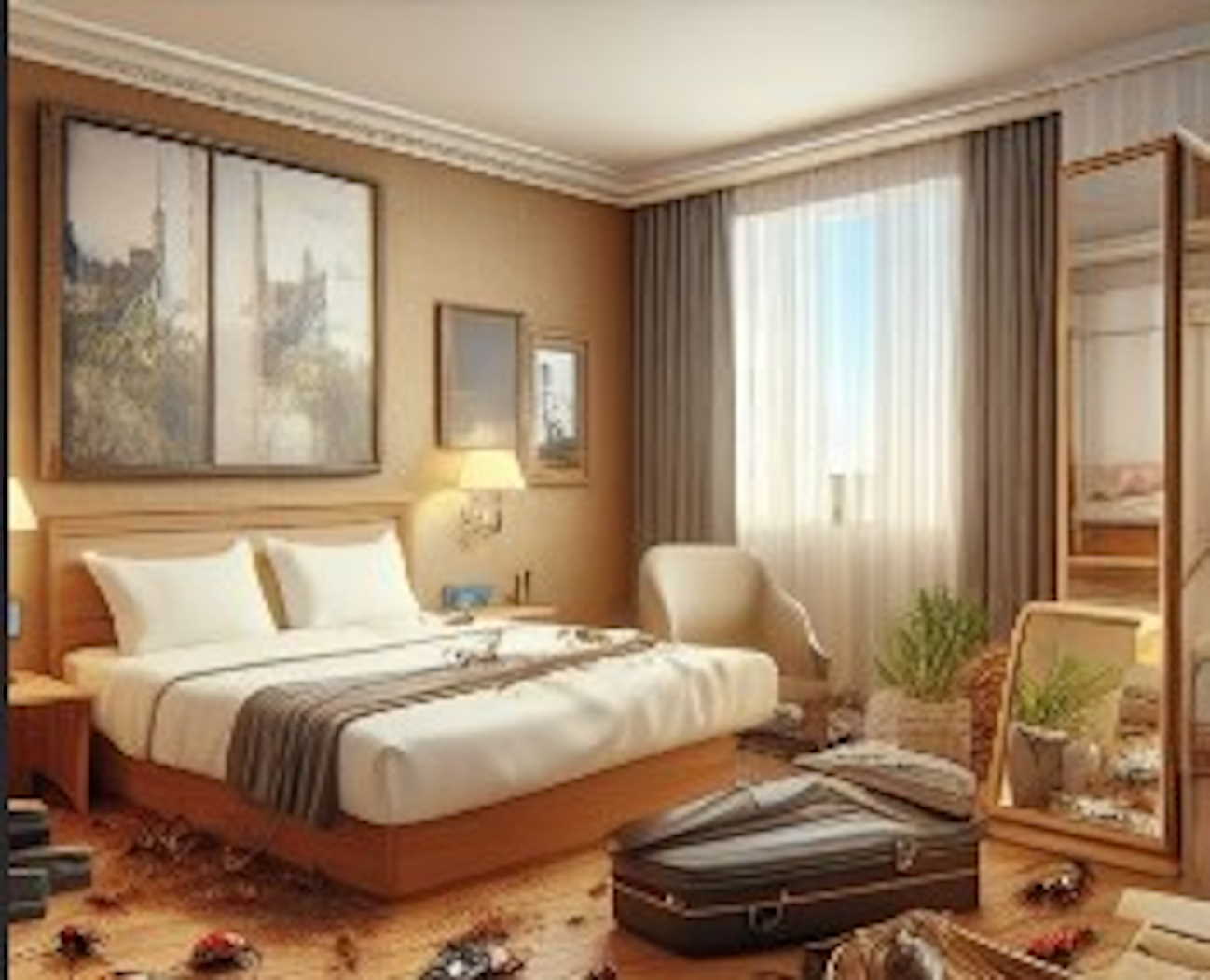 Una imagen de una habitación de hotel con una cama grande, una mesa, una silla, una lámpara y una ventana con cortinas.