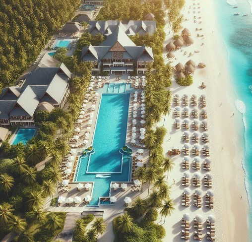 Un hotel de playa con una vista al mar, una terraza con sombrillas y hamacas y una arena blanca