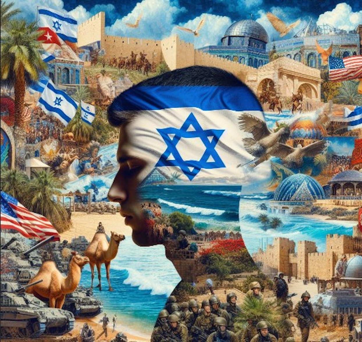 La bandera de Israel, compuesta por dos franjas horizontales azules y una estrella de David blanca sobre un fondo blanco.