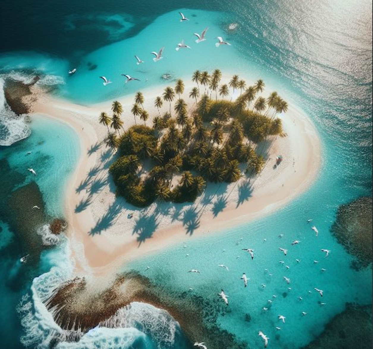 Isla desierta con arena, palmeras y mar