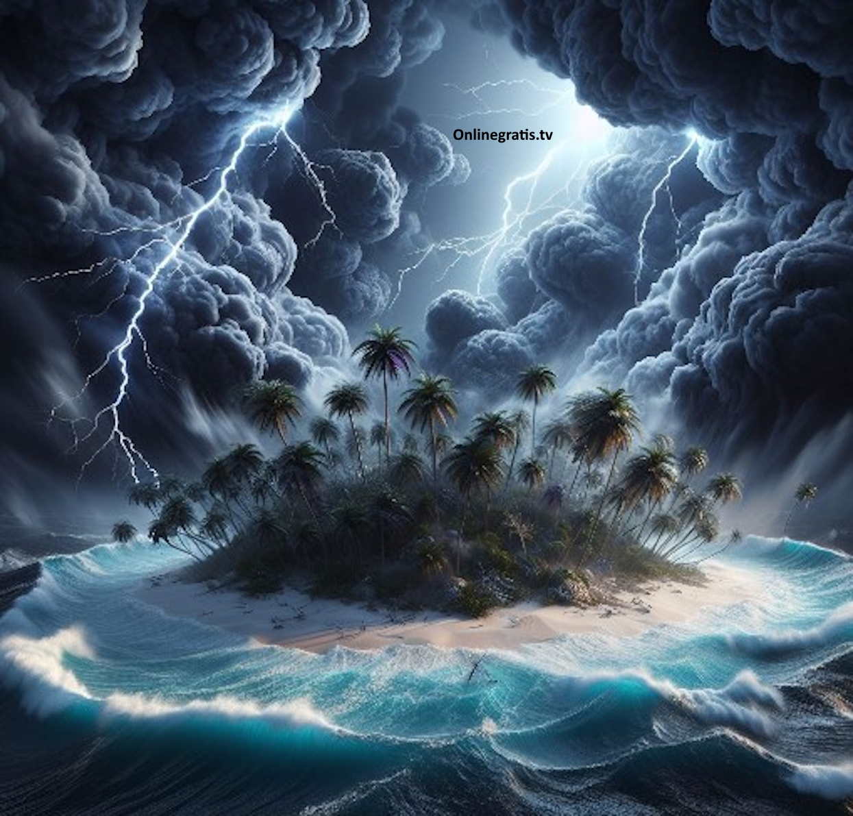 Isla en medio de una tormenta con nubes, rayos y olas