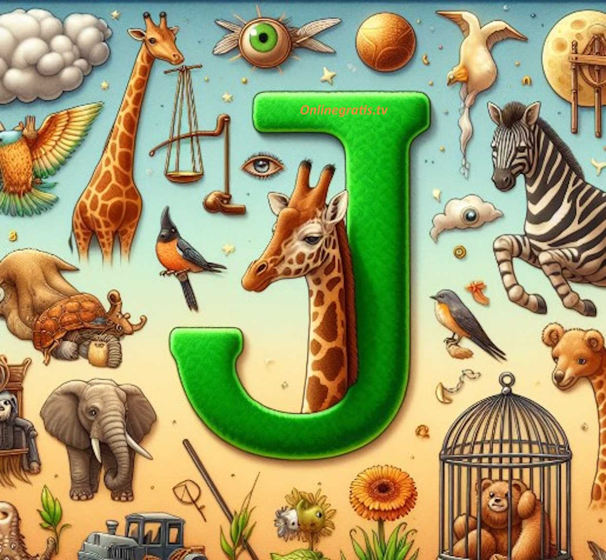 Una imagen de sueños con la letra J donde aparece una jirafa, un juez, persona juegando, una jaula y un jefe.