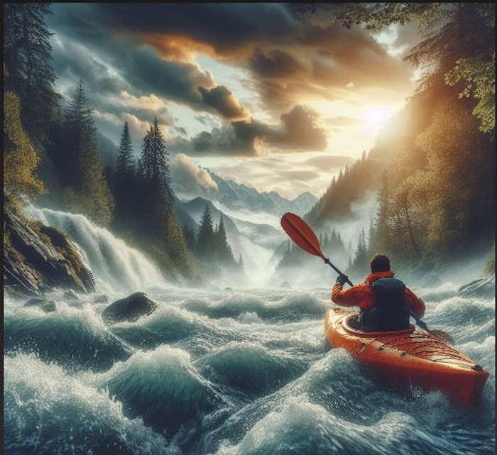 Una imagen de una persona que navega en kayak por aguas turbulentas o rápidos, con un casco y un chaleco salvavidas, mientras salpica el agua blanca.