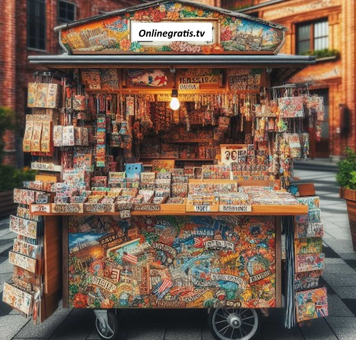 Un kiosco de color rojo con un cartel que dice Periódicos y Revistas rodeado de personas que compran o miran los productos