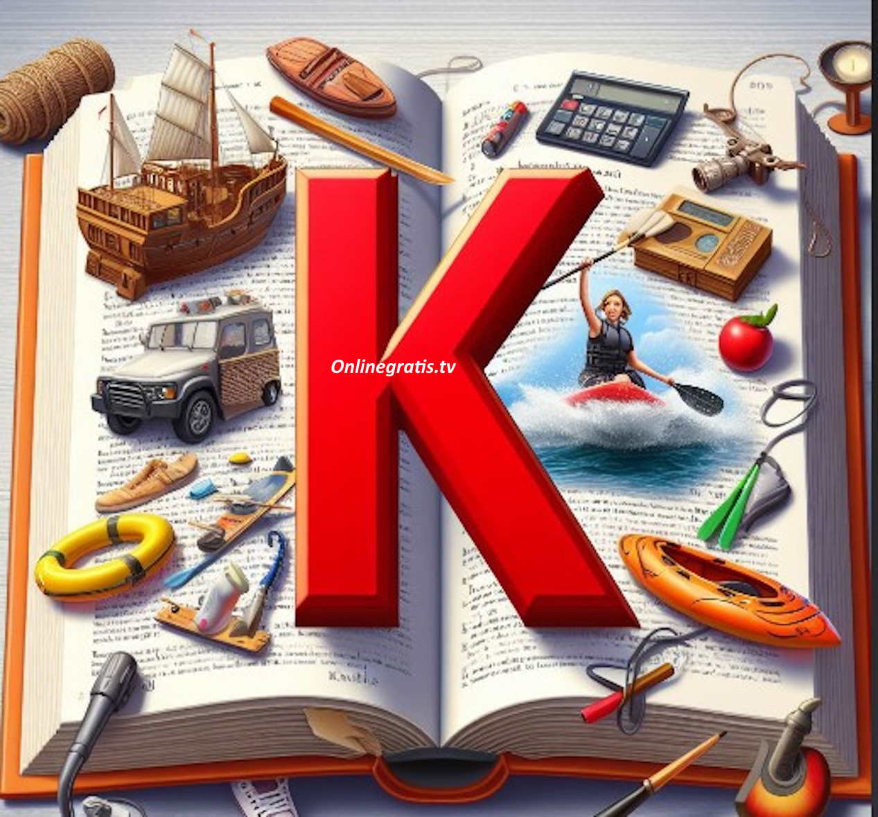 Letra K en un gran libro rodeado de objetos como un karaoke, karate, keke, kiosco y un kayak en el Diccionario de Sueños