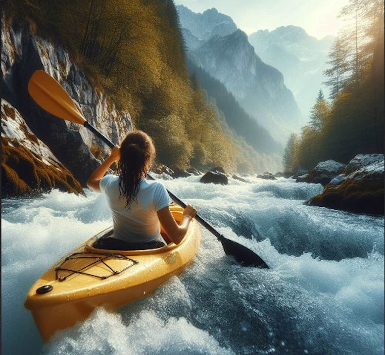 Una imagen de una persona que viaja en kayak por un río tranquilo, rodeado de árboles y montañas verdes